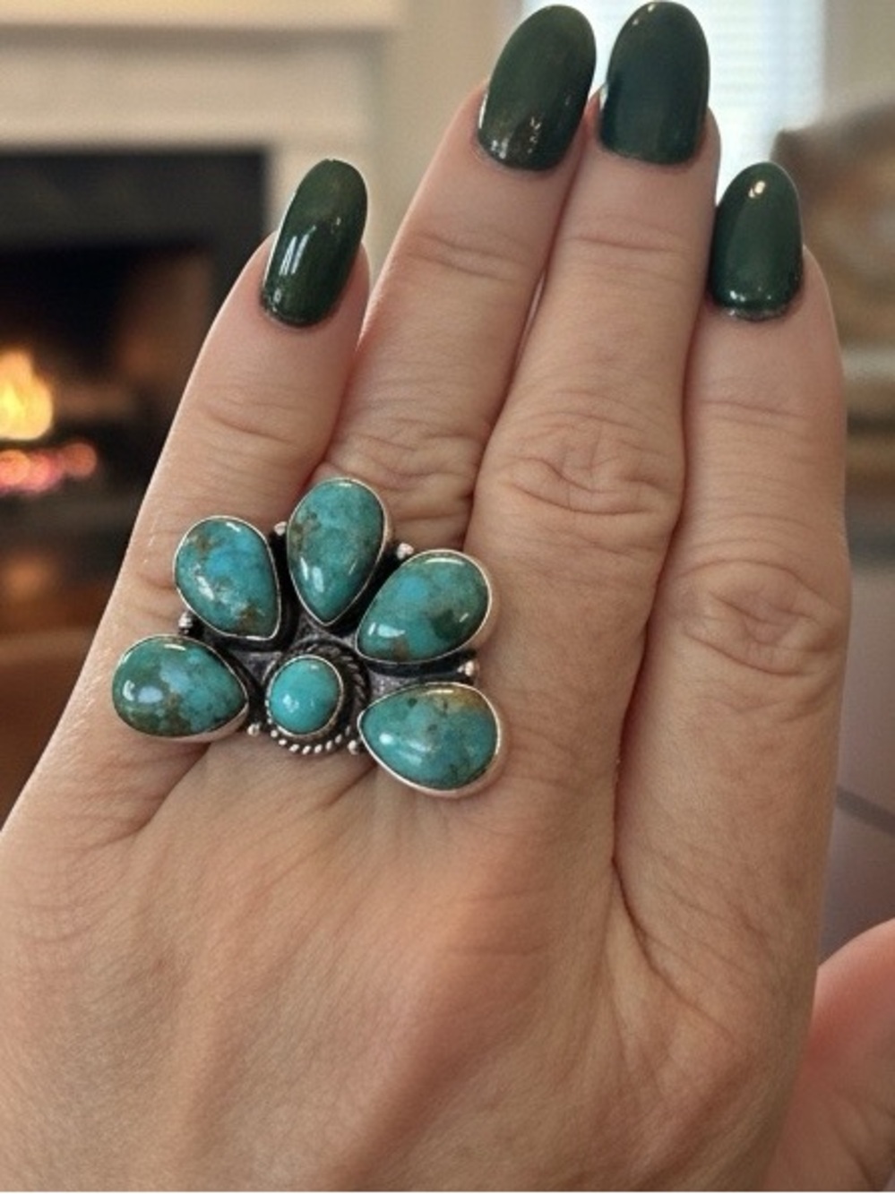 Sterling Silver genuine, Kingman Turquoise Cluster Ring - Teal Green